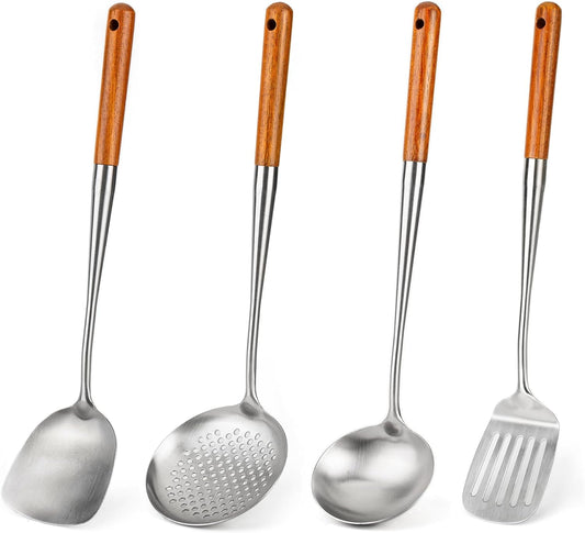 FJNATINH 17inch Wok Spatula and Ladle, Skimmer Spoon, Slotted Turner Spatula Set 304 Stainless Steel Kitchen Utensils Sets, 4-Pieces Cooking Utensils Tools Wok Accessories