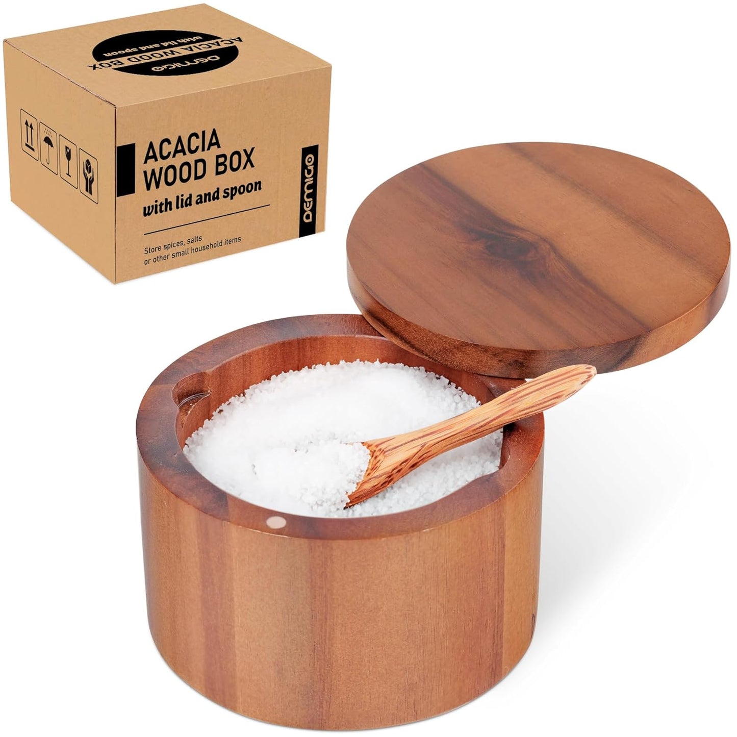 9-ounce Salt Cellar with Spoon and Swivel Lid, Acacia Wood Salt & Spice Box, Salt Keeper, Wood Jar for Kitchen, Perfect for Storing Table Salt, Gourmet Salts, Herbs, or Your Favorite Seasonings
