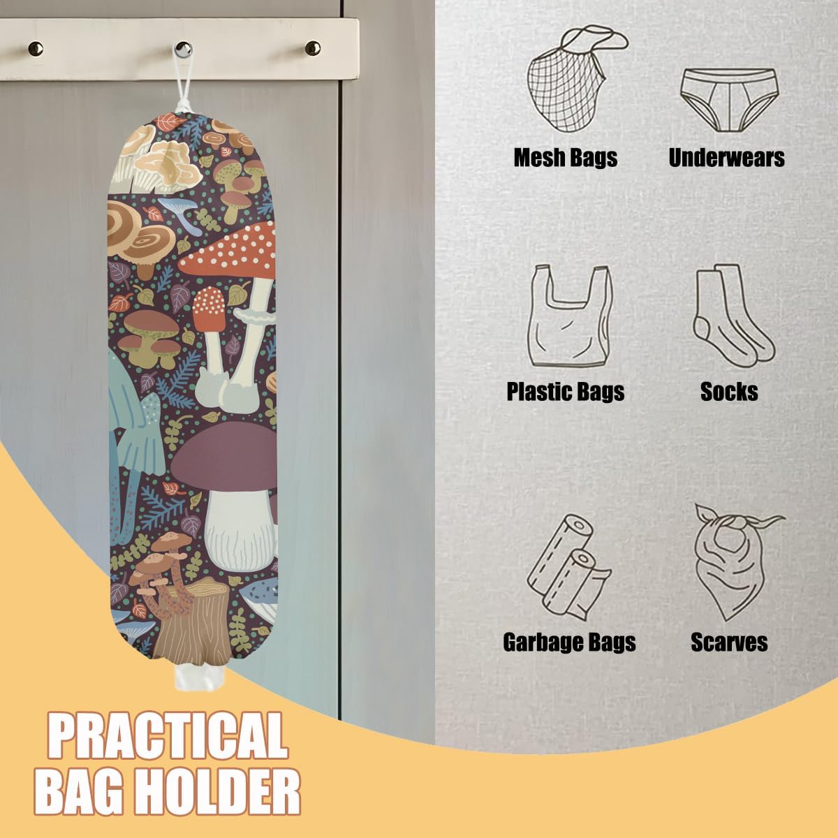 2 Pcs Mushroom Plastic Bag Holder, Wall Mount Grocery Bag Holder for Plastic Storage bag, Large Reusable Grocery Bags Storage Dispenser for Home Kitchen, Cute Mushroom Gifts for Women Wife Grandma