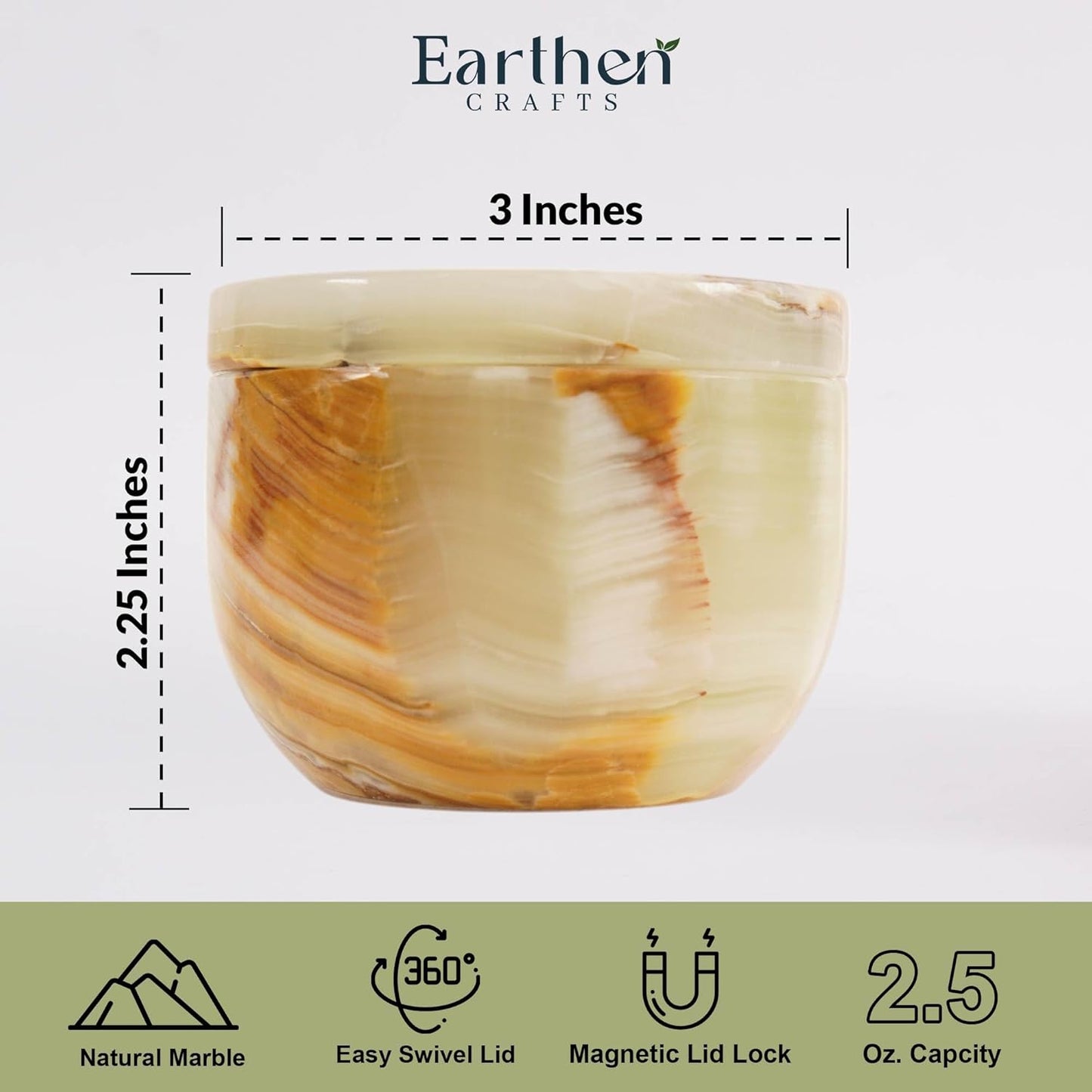 Marble Salt Cellar with Swivel Lid 3" Inches Green Onyx Salt Keeper for Countertop, Kosher Salt and Seasoning Storage Container for Kitchen or Bath Salt