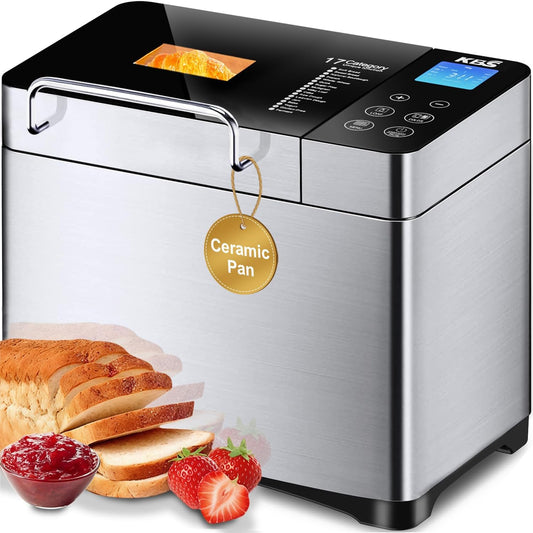 KBS Pro Stainless Steel Bread Machine, 2LB 17-in-1 Programmable XL Bread Maker with Fruit Nut Dispenser, Nonstick Ceramic Pan& Digital Touch Panel, 3 Loaf Sizes 3 Crust Colors, Reserve& Keep Warm Set