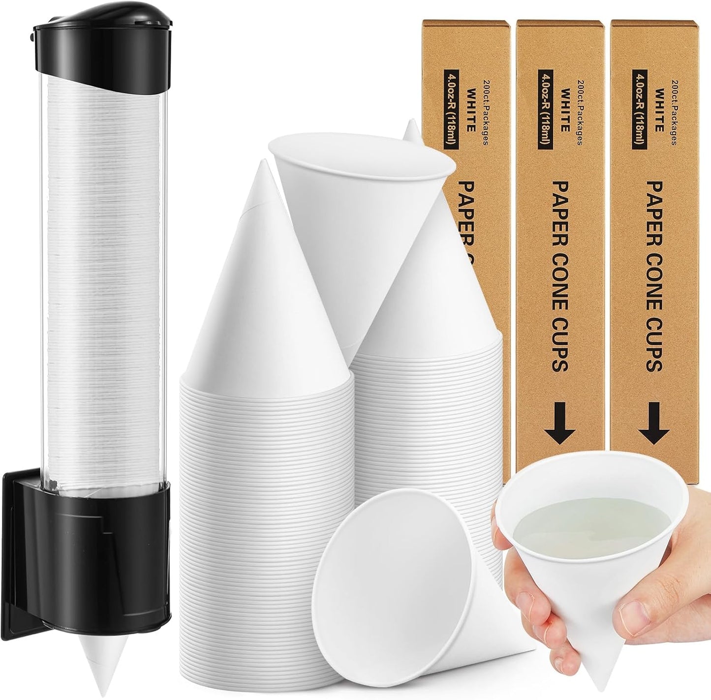 Roshtia 600 Pcs 4 oz Paper Cone Cups Thicken Disposable with 1 Cups Dispenser Pull Type Wall Mount Cup Holder Paper for Restaurants, Home, and Office, and Shaved Ice, Cold (Black)