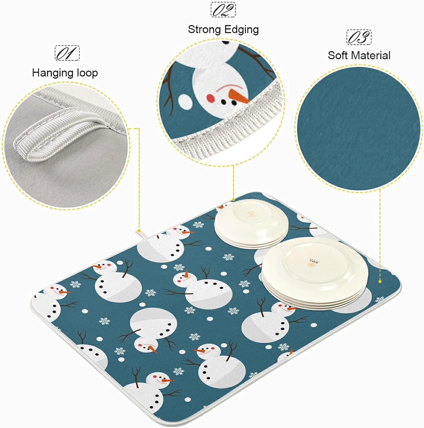 Super Absorbent Dish Drying Mat, Microfiber 23 Fast-Drying Dish Mat, 16" x 18", Kitchen Dish Drying Pad, Snowman Snowflake Cute Christmas Holidays…