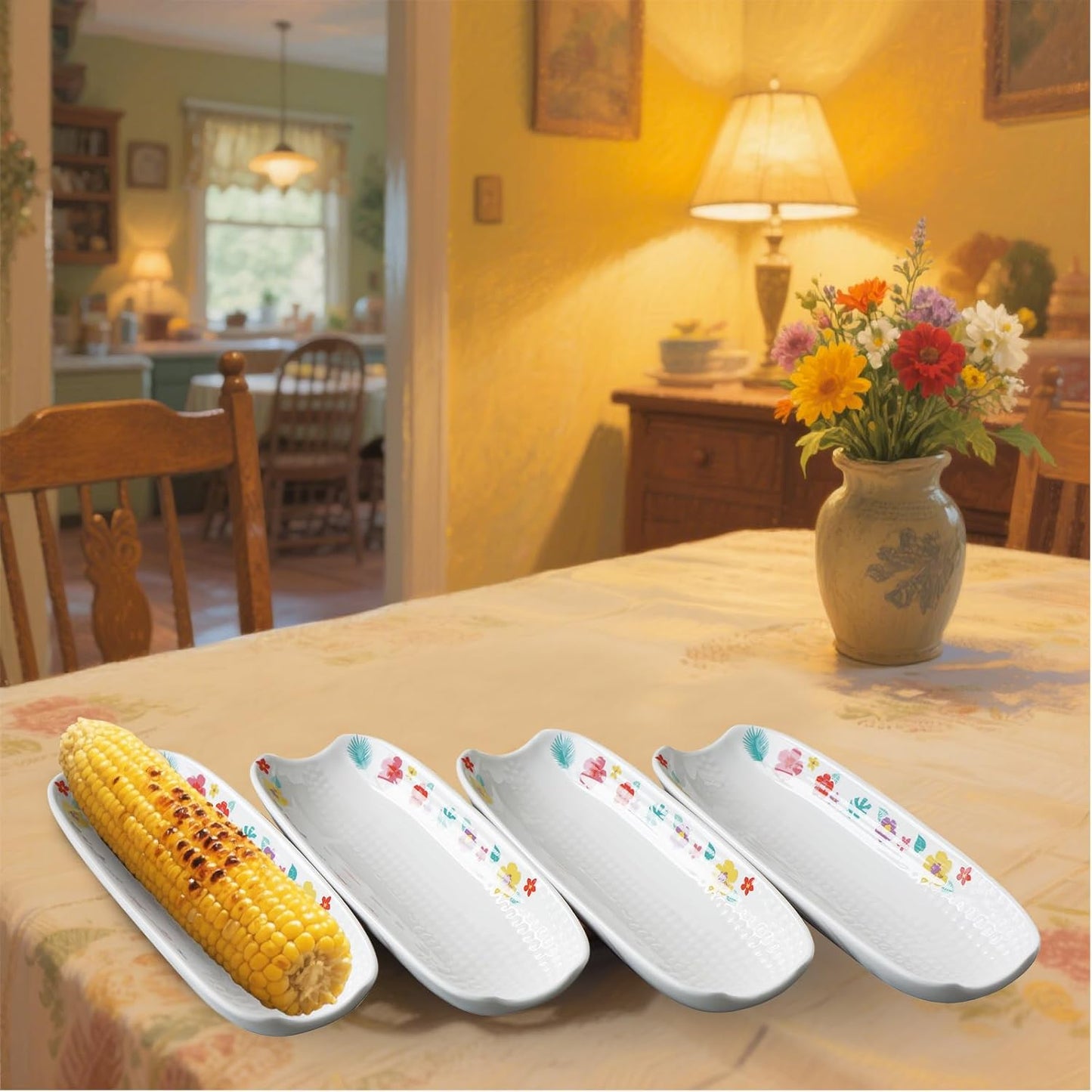Cinf Ceramic Corn Cob Holders 8.8" Corn Dishes Set of 4 Trays Non-slip Bottom Microwave Dishwasher Oven Safe (Hawaii Flower)