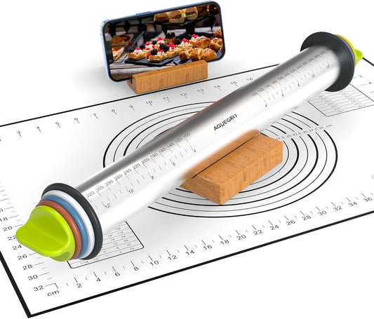Stainless Steel Rolling Pin with Thickness Rings and Pastry Baking Mat for Baking, Fondant, Pizza, Pie, Cookies, Pastries, 13.6" Rolling Pin with 4 Multi-Color Thickness Rings and Wooden Stand