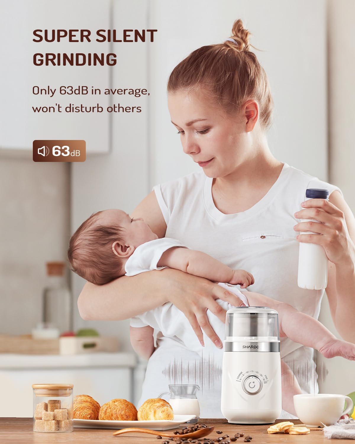 SHARDOR Electric Super Silent Blade Coffee Grinder, Timed Grind Control Rotary Knob, Adjustable Coarse to Fine for Coffee Beans, Spices & Herbs, with 1 Removable Stainless Steel Bowl, Cream