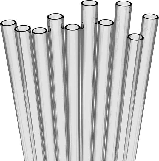 10 Long Clear Straws - Hard Semi-transparent Plastic Reusable Drinking Straws + Sturdy Cleaning Brush - for Tumblers, Mason Jars, Milkshakes and Smoothies - Dishwasher Safe BPA Free