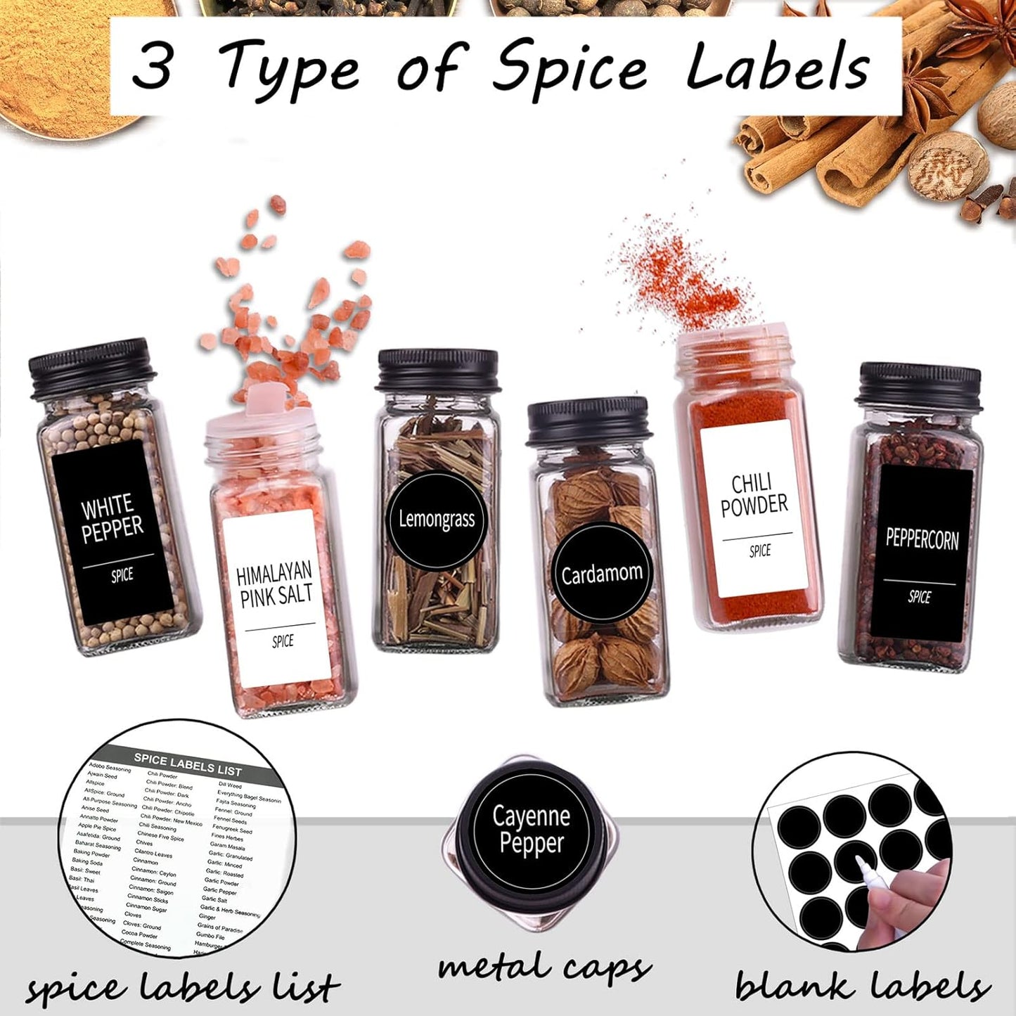Churboro 66 Spice Jars with 547 Labels- Glass Spice Jars with Black Metal Caps, 4oz Empty Spice Containers with Shaker Lids, Funnel, Chalk Pen, Square Seasoning Bottles for Spice Rack, Drawer, Cabinet