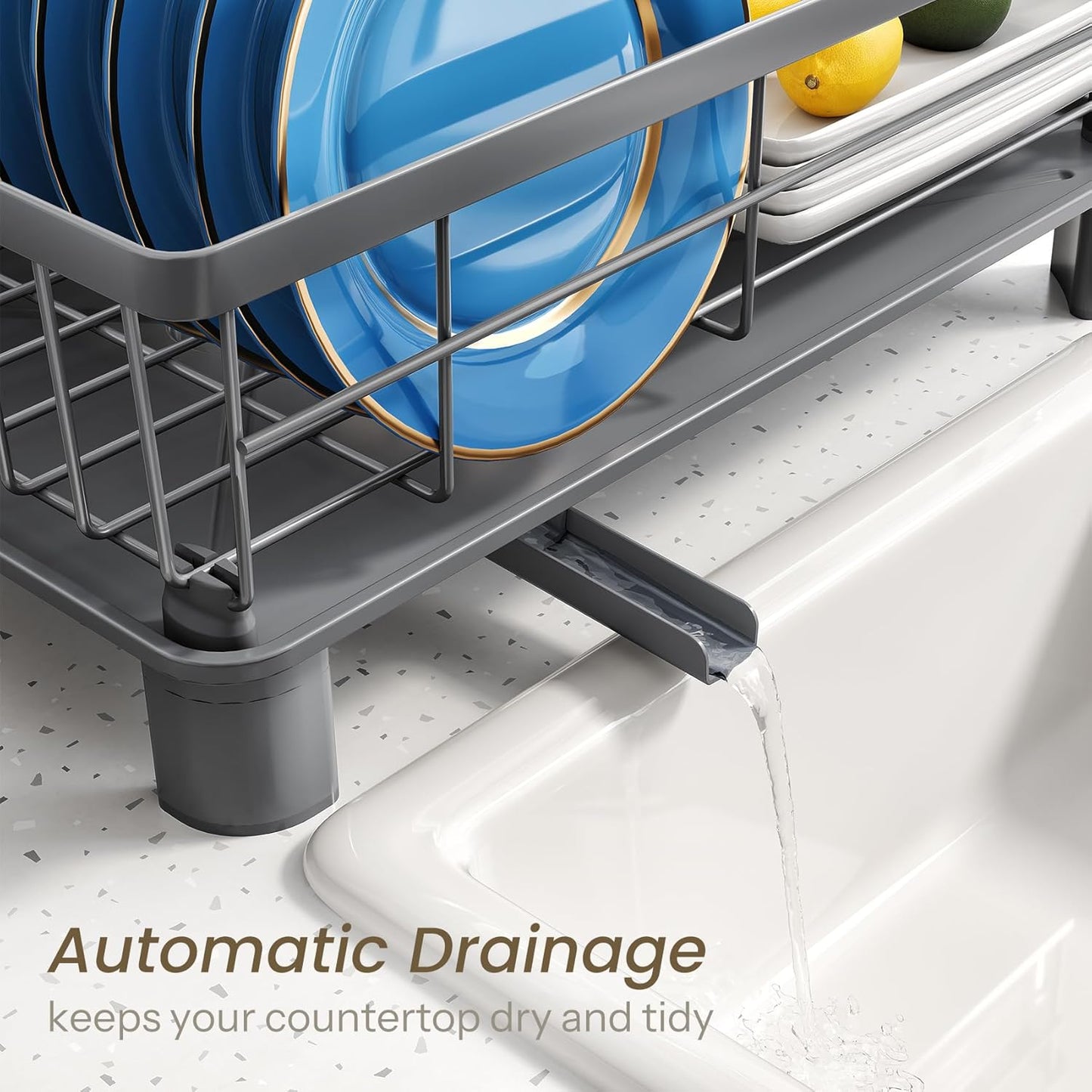 Dish Drying Rack - Small Dish Rack for Kitchen Counter, Stainless Steel Dish Drainer with Utensil Holder and Drainboard (Grey)