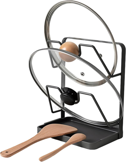 Pot Lid Holder While Cooking, Kitchen Spoon Rest with Lid Holder for stove top, Multifunctional Kitchen Pot Lid Organizer for Countertop (Iron,Dark Grey)