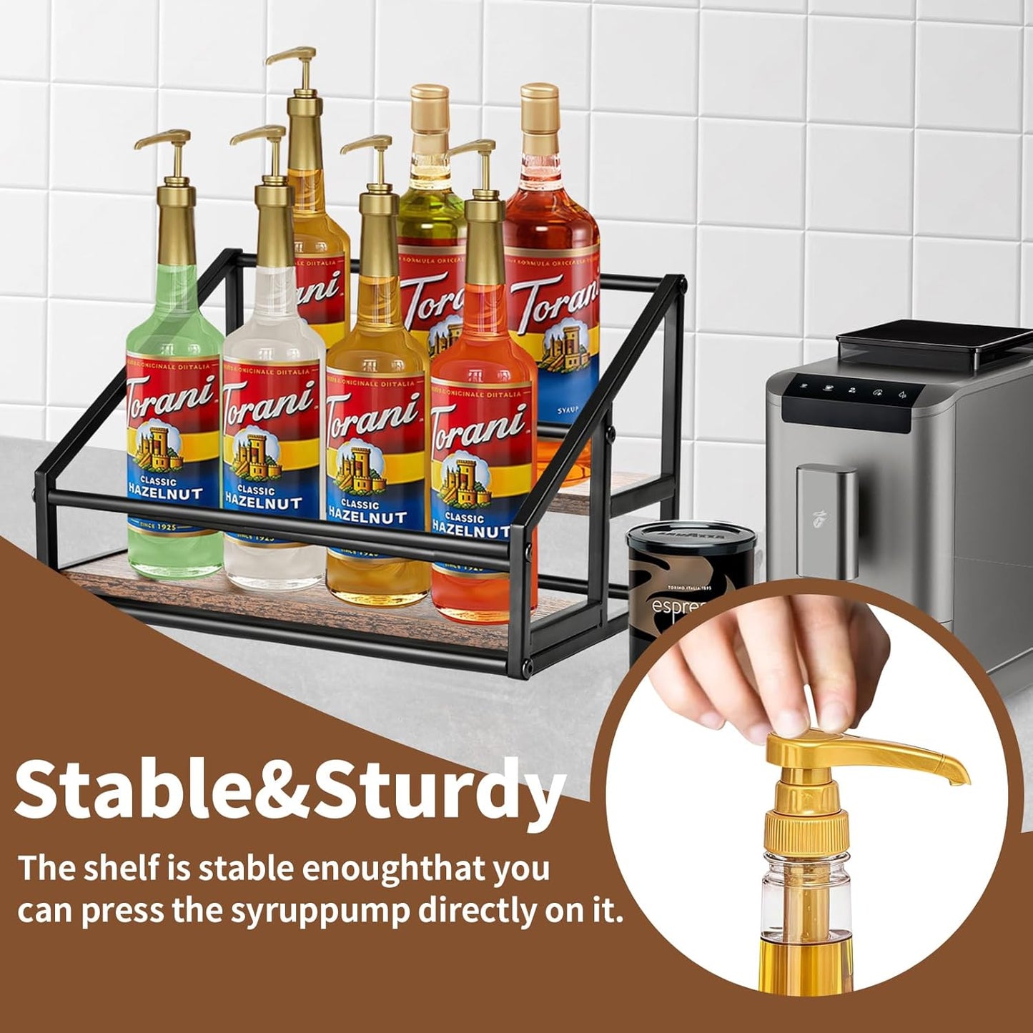 Coffee Syrup Organizer, 2-Tier 8 Bottles Coffee Syrup Rack for Coffee Bar, Coffee Syrup Stand for kitchen coffee station, Coffee Syrup Holder for Syrup, Wine, Dressing