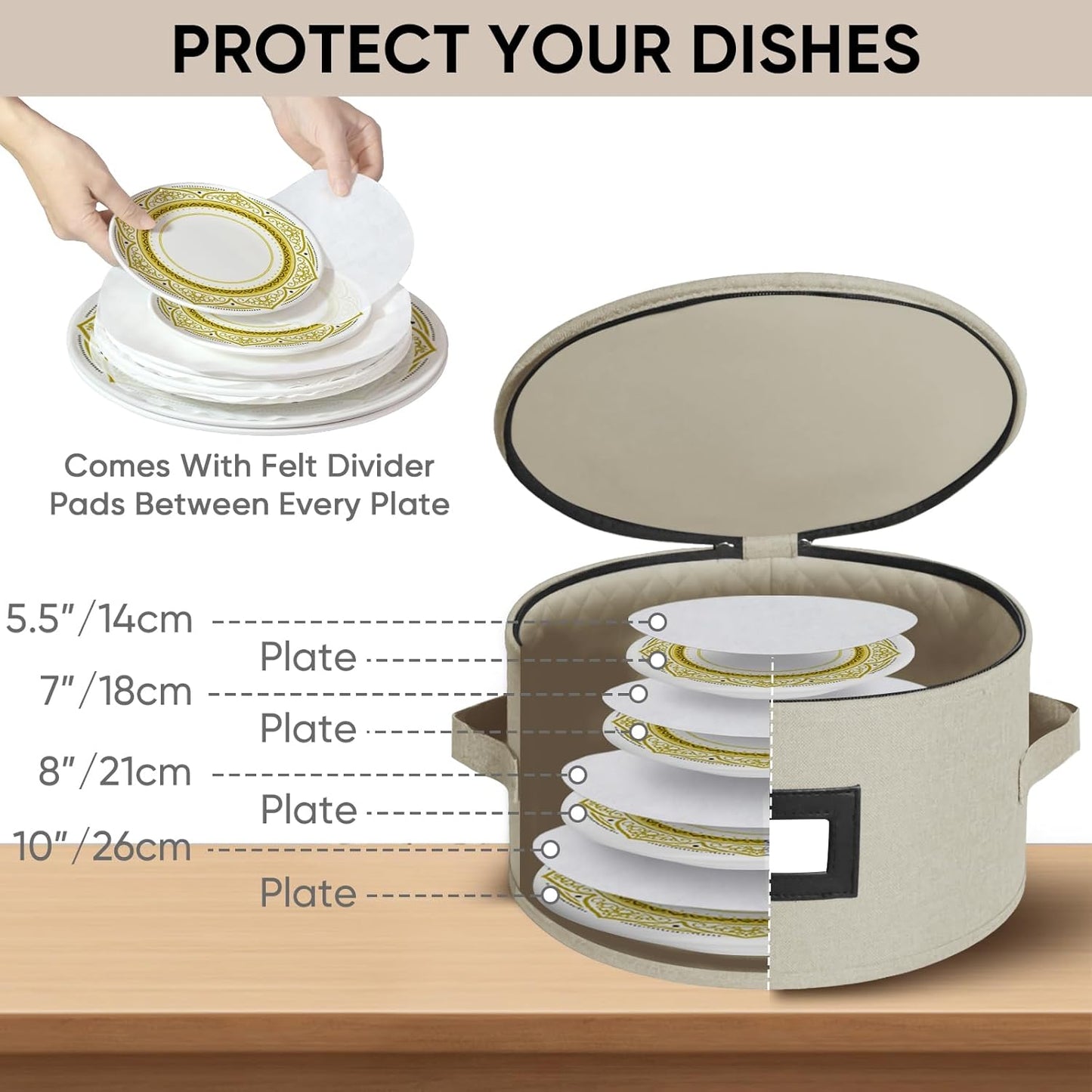 BALEINE China Storage Containers, Sturdy Quilted Wine Glass Storage, Plate Organizer with Carry Handles, Moving Boxes for Dishes, Cups, Mugs and Stemware (Plate, Hard Shell Cream)