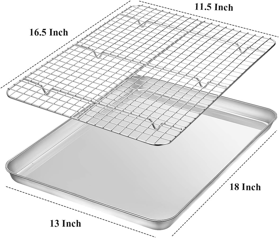 Baking Sheet with Rack Set [2 Pans + 2 Racks], Wildone Stainless Steel Cookie Sheet Baking Pan Tray with Cooling Rack, Size 18 x 13 x 1 Inch, Non Toxic & Heavy Duty & Easy Clean