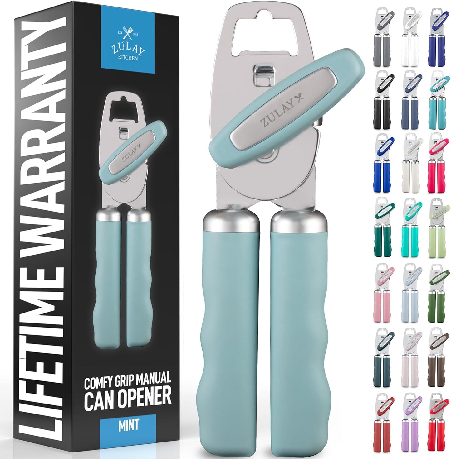 Zulay Kitchen Heavy Duty Stainless Steel Can Opener Manual with Bottle Opener - Rust Proof Manual Can Opener With Turn Knob & Comfy Soft Grip Handles - Mint