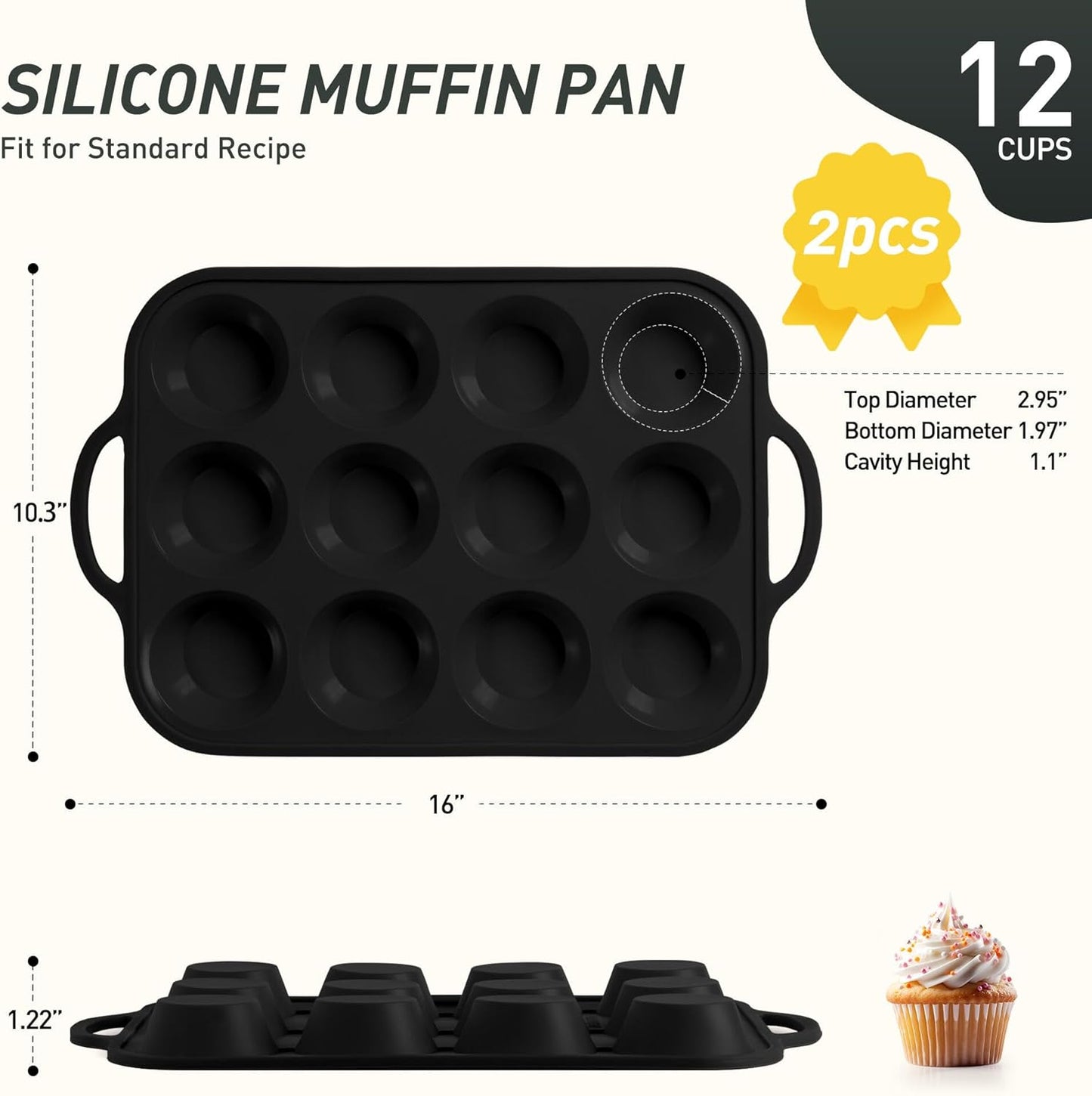 2 Packs 12 Cups Silicone Muffin Pan with Metal Reinforced Frame Regular Size Cupcake Tray Egg Mold Wedding Day Engaged Engagement Hostess Couple Newly Wed House Christmas Married Unique Gift