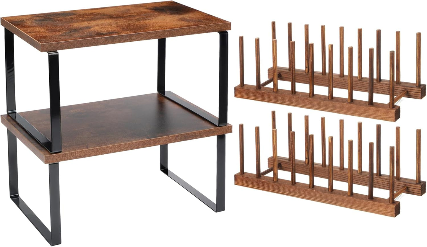 Marsui 4 Pcs Kitchen Organizer Accessories Set Cabinet Organizer Shelf and Bamboo Dish Drying Plate Rack Counter Shelves Storage Holder for Spice Rack, Dish, Pot Lid, Bowl, Cup(Deep Color)