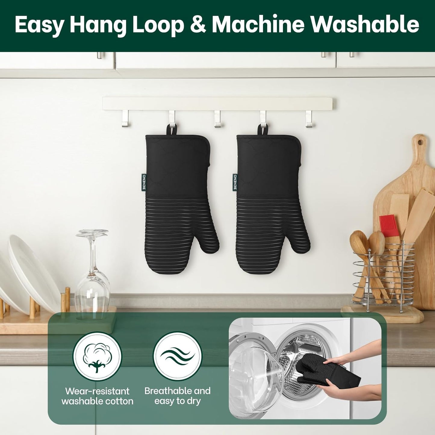 Beneno Kitchen Oven Mitts 2-Pack Heat Resistant to 500°F with Non-Slip Silicone Grip, Extra Long 14.3" Forearm Protection, Soft Quilted Cotton Terry Lining, Ideal for Cooking, Baking, Grilling, Black