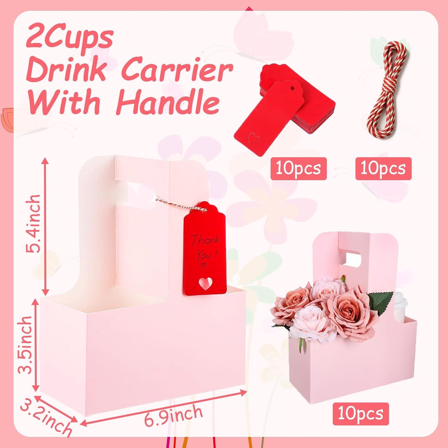 10 Pack 2 Cup Disposable Pink Drink Carrier with Handle Paperboard Coffee Cup Holder Portable for Hot Cold Drinks Food Delivery Services with Heart Card for Teacher Appreciation Week Mother's Day