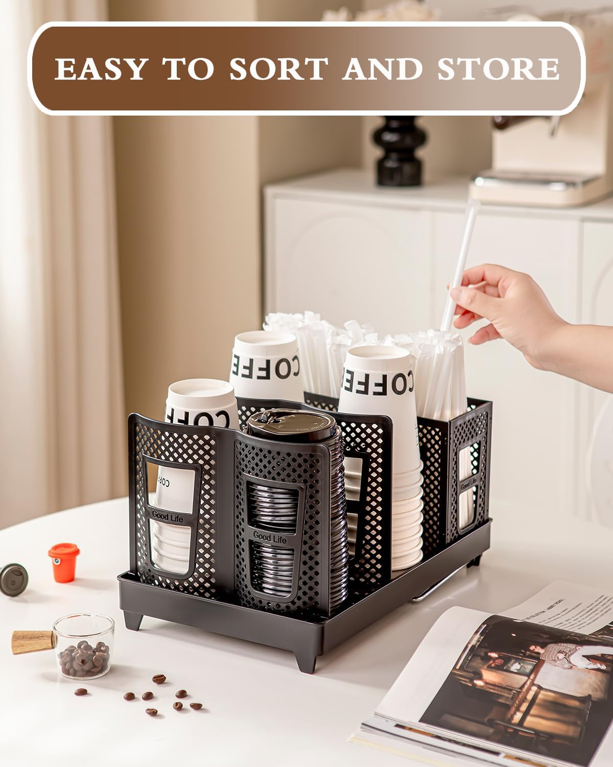 Coffee Cup Holder Organizer Unbreakable 2-IN-1 Paper Cup and Lid Holder with Straw Organizer Adjustable Paper Cup Holder for Countertop Coffee Station Bar Restaurant Breakroom Kitchen Office