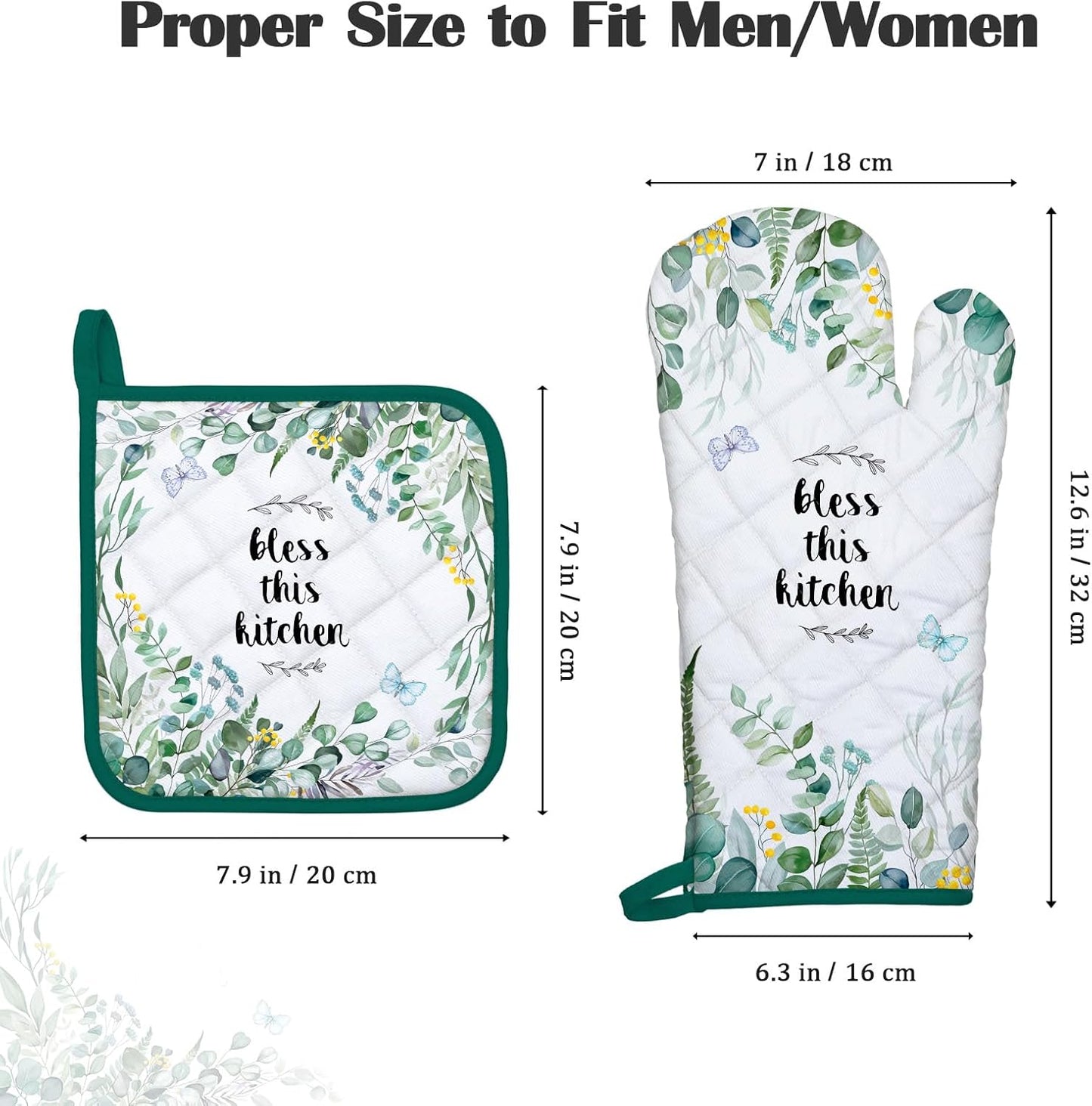 Eucalyptus Leaf Oven Mitts and Pot Holders Sets 4Pcs, 100% Cotton Heat Resistant, Extra Long Oven Gloves Potholder for Kitchen Cooking Baking Decoration