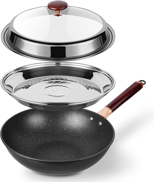 12.5” Woks & Stir-Fry Pans with Lid Steamer, Nonstick Ceramic Wok Pan with Lid, Deep Large Induction Hard Anodized Frying Wok, Carbon Steel Wok Set Flat Bottom, Large Saute Pan Set