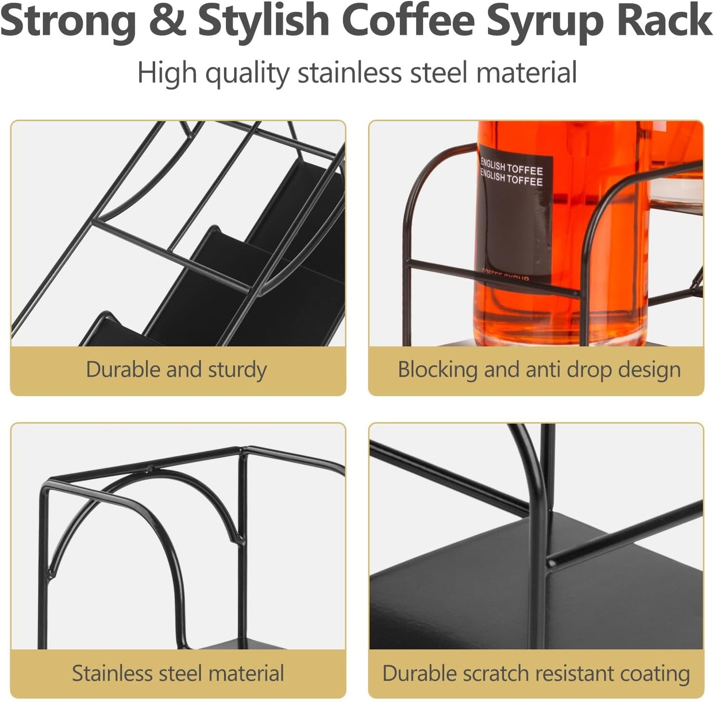 Syrup Rack for Coffee Bar Accessories, Iron 4 Compartment Bottle Organizer, Countertop Display Storage Shelf Bottle Stand, Metal Coffee Bar Organizer for Wine, Kitchen, Holds 4 Bottles