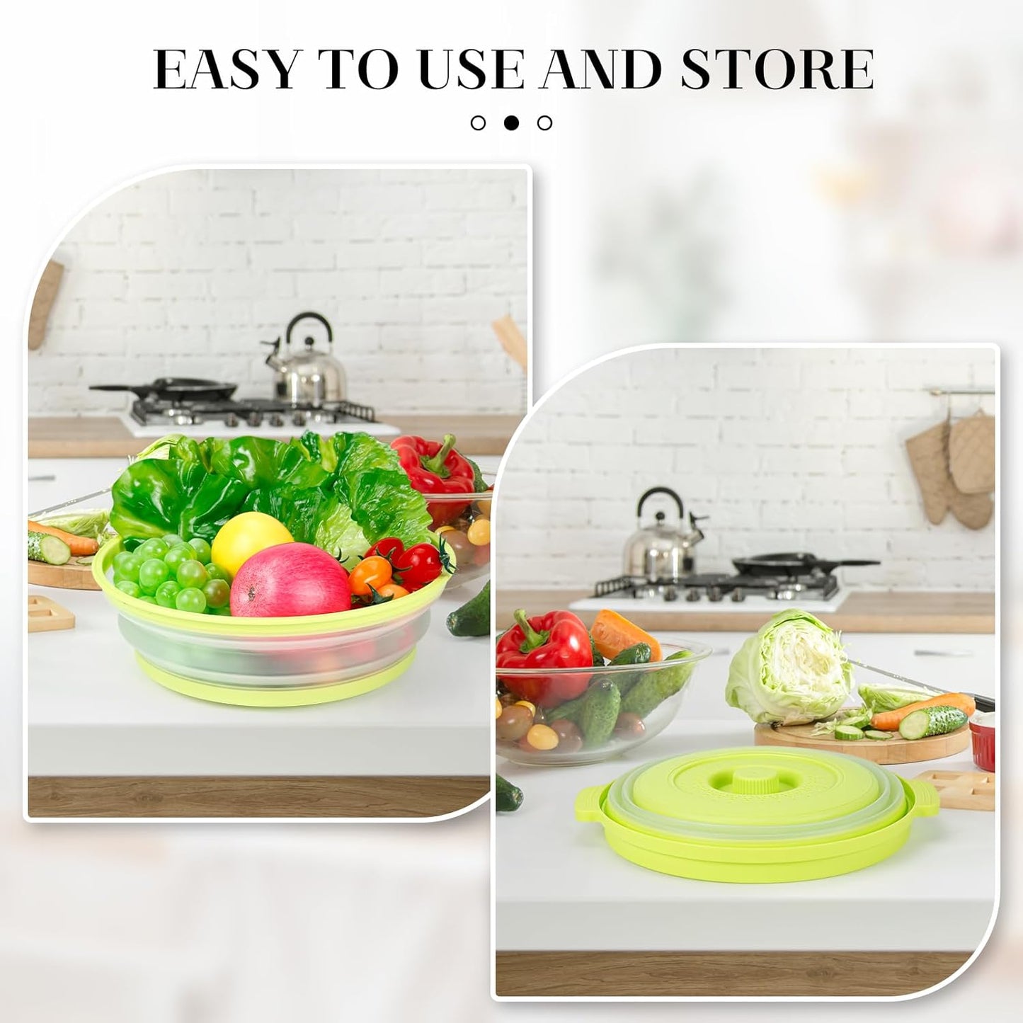 10.7 Inch Microwave Food Cover with Heat Insulation Mat, Anti-Scald Collapsible Microwave Splatter Cover, Multi-Functional as Colander & Fruit Plate, Dishwasher Safe, Ideal for Meal Prep (Green)