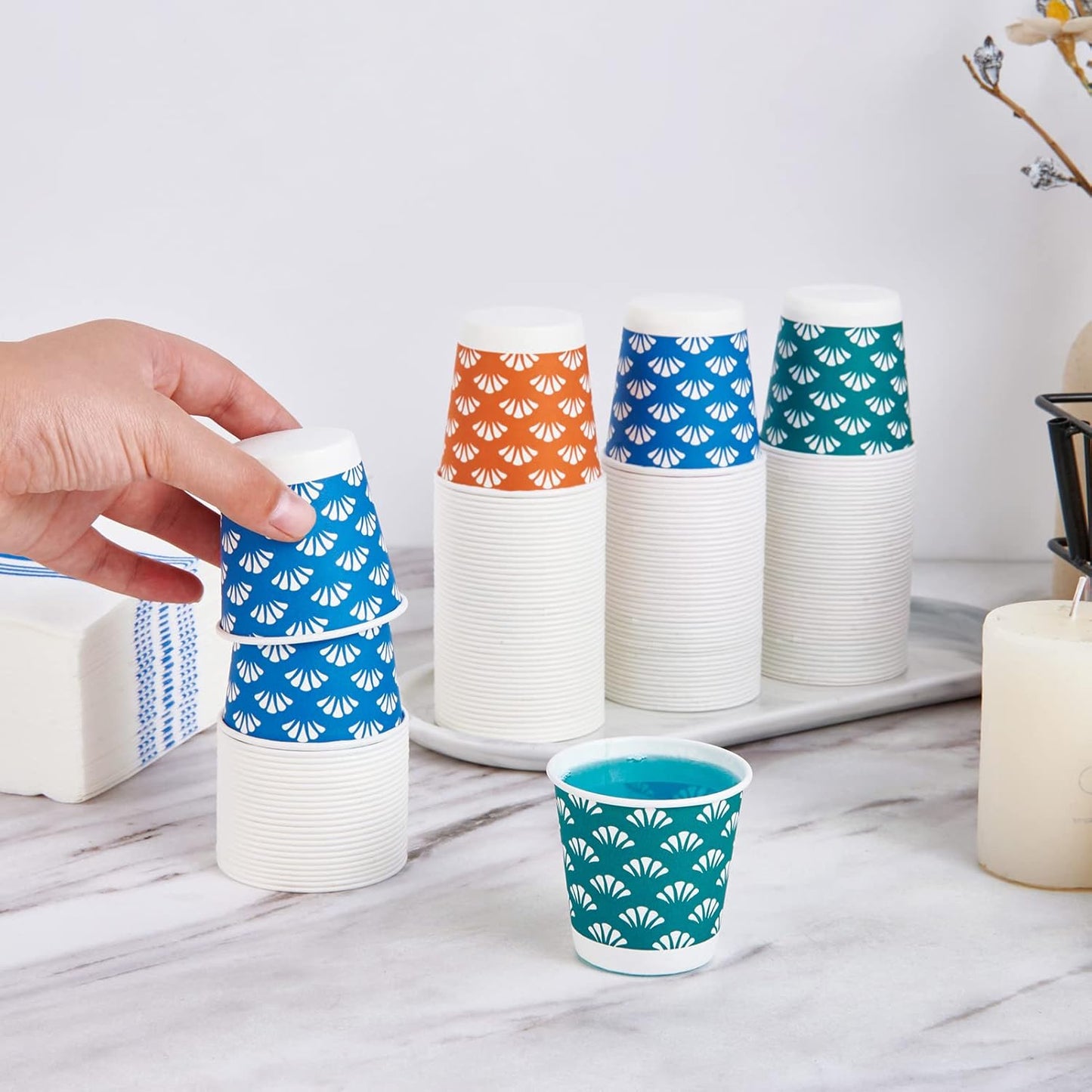 JollyPack 1200 Pack 3 oz Disposable Bathroom Paper Cups, Small Mouthwash Cups in Orange, Blue, and Green, Great for Candy, Biscuits, Bathroom Use, Parties, Picnics, and Travel