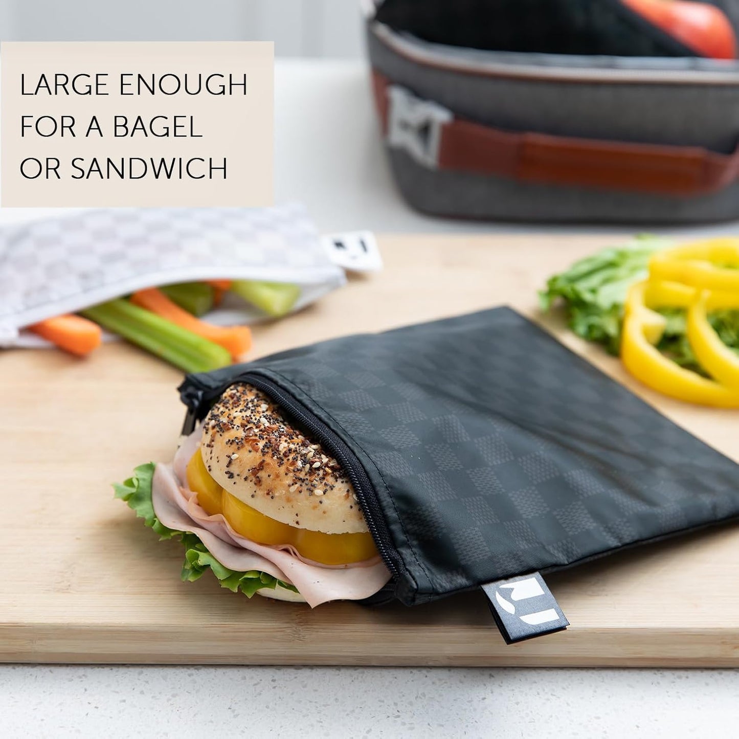 Roamio Reusable Sandwich and Snack Bags, for Kids School Lunch and for Adults Portion, Washable Fabric, Waterproof Cloth Zip Bag, Travel Pouch, Food-Safe Storage,4-pack Set Black Check and Off White