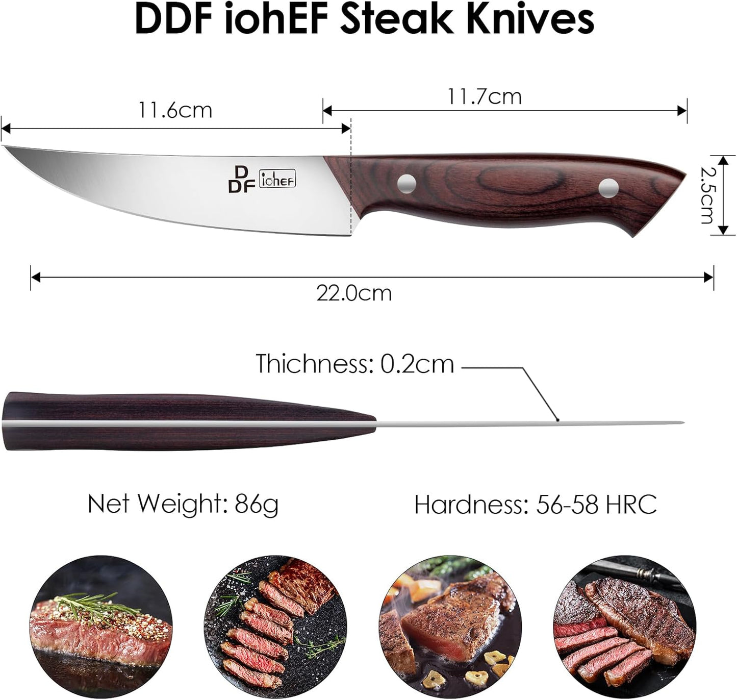 DDF iohEF Steak Knives Set of 6, Non-serrated Steak Knife 4.5 Inch High Carbon Japanese Stainless Steel Kitchen Steak Knife 6 Pieces Dinner Knives Ultra Sharp with Ergonomic Handle and Gift Box
