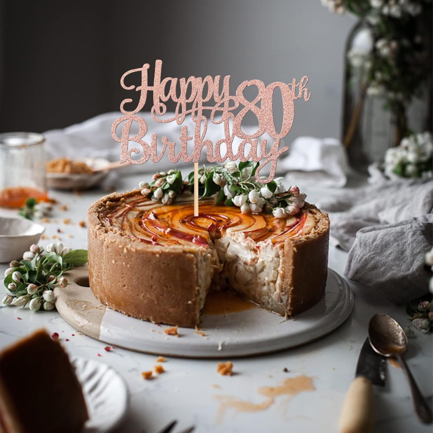 1 PCS Happy 80th Birthday Cake Topper Glitter Cheers to 80 Years Birthday Cake Pick 80 Fabulous Cake Decoration for Happy 80th Birthday Theme Party Decorations Supplies Rose Gold