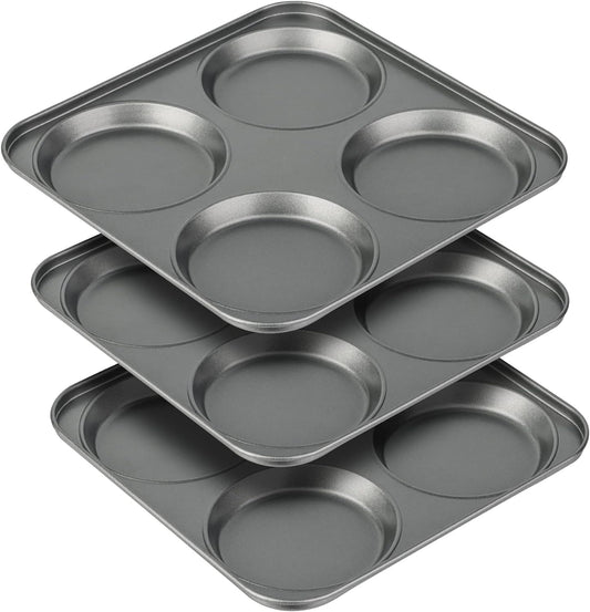 Tiawudi Muffin Top Pan, 4-Cup Hamburger Bun Pan, Large Whoopie Pies Pan, Non-Stick Bakeware for Eggs, Cornbread, Small Cake Layers and Drop Cookies, Set of 3