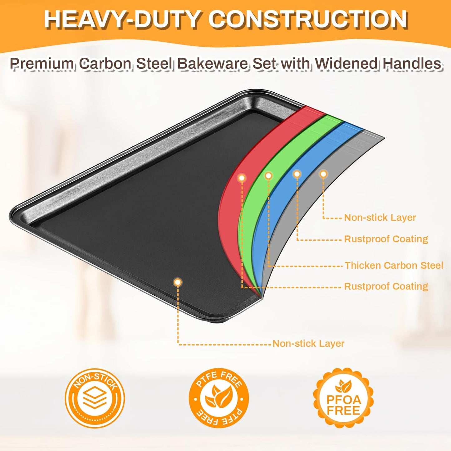 12PCS Nonstick Bakeware Set, Non-Toxic Carbon Steel Baking Pans Set with Wider Grip, Includes Roasting Pan, Cookie Sheet, Cake Pans, Muffin Pans, Cooling Rack, Oven Mitts, Easy Release