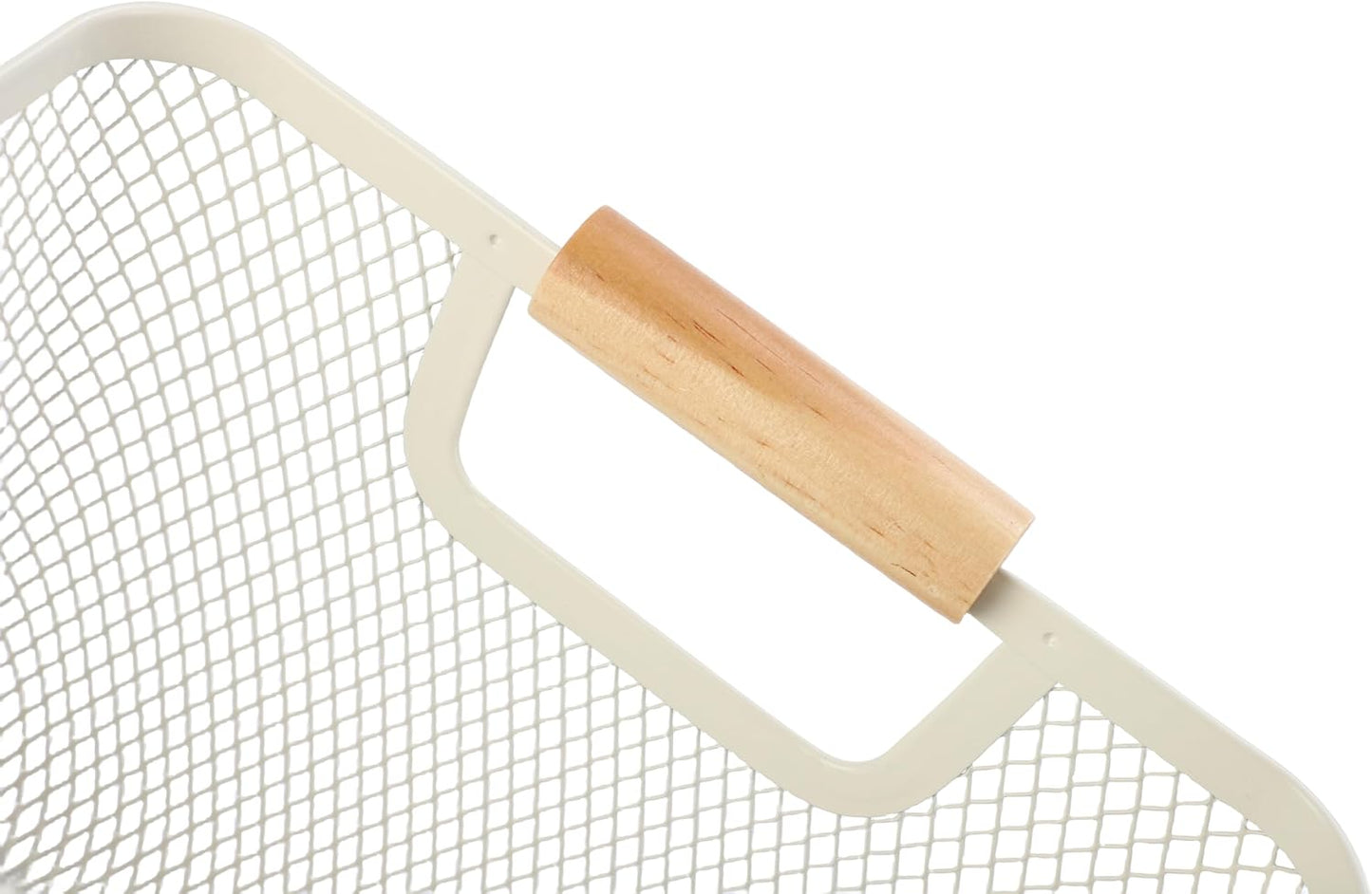 Metal Mesh Steel Basket, Medium Wire Storage Organizer Basket Multi-function Hanging Kitchen Basket with Wood Handle for Kitchen Bathroom Picnic Home, Rectangle-Off White