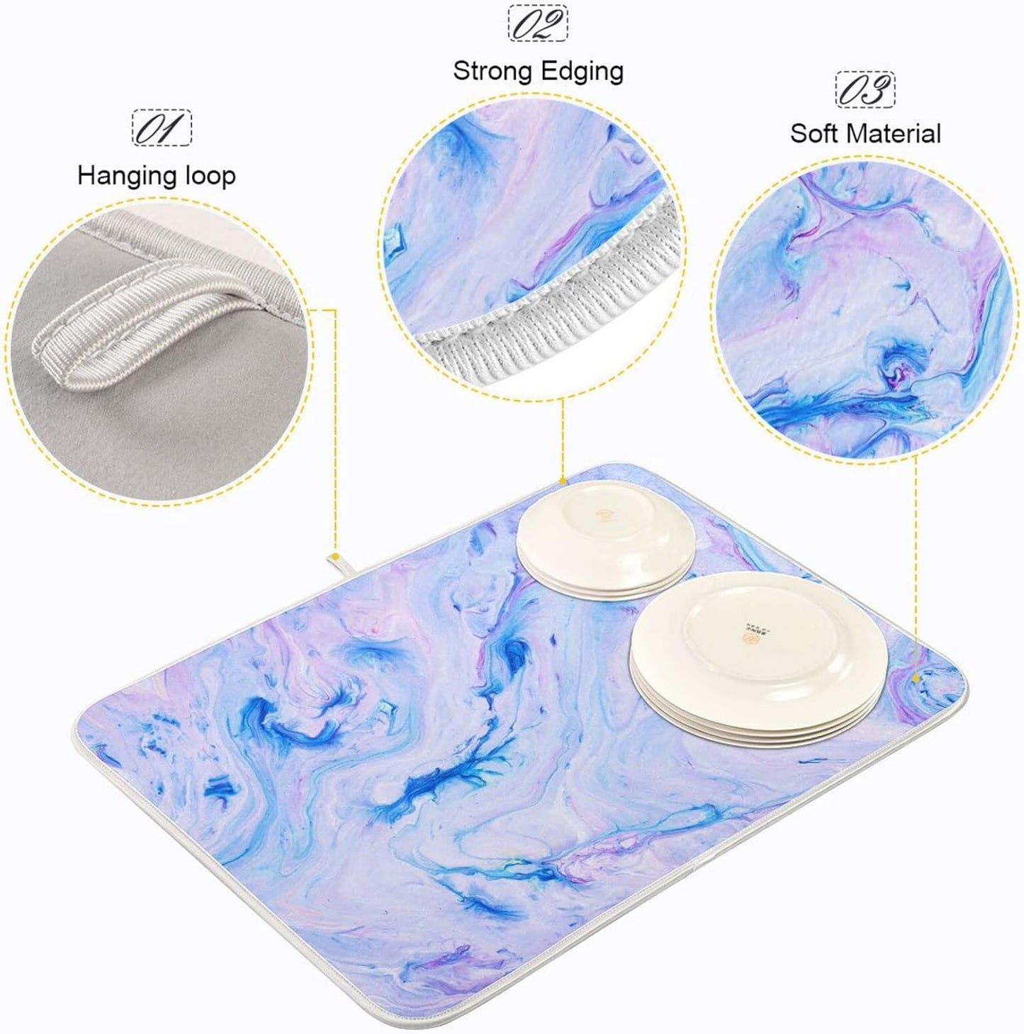 Super Absorbent Dish Drying Mat, Microfiber Fast-Drying Dish Mat, 24" x 18", Kitchen Dish Drying Pad, Marble Blue Pink