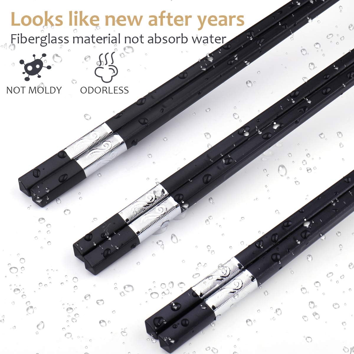 10 Pairs Fiberglass Chopsticks, GLAMFIELDS Reusable Chop sticks Dishwasher Safe, Non-slip, 9 1/2 inch (Silver)