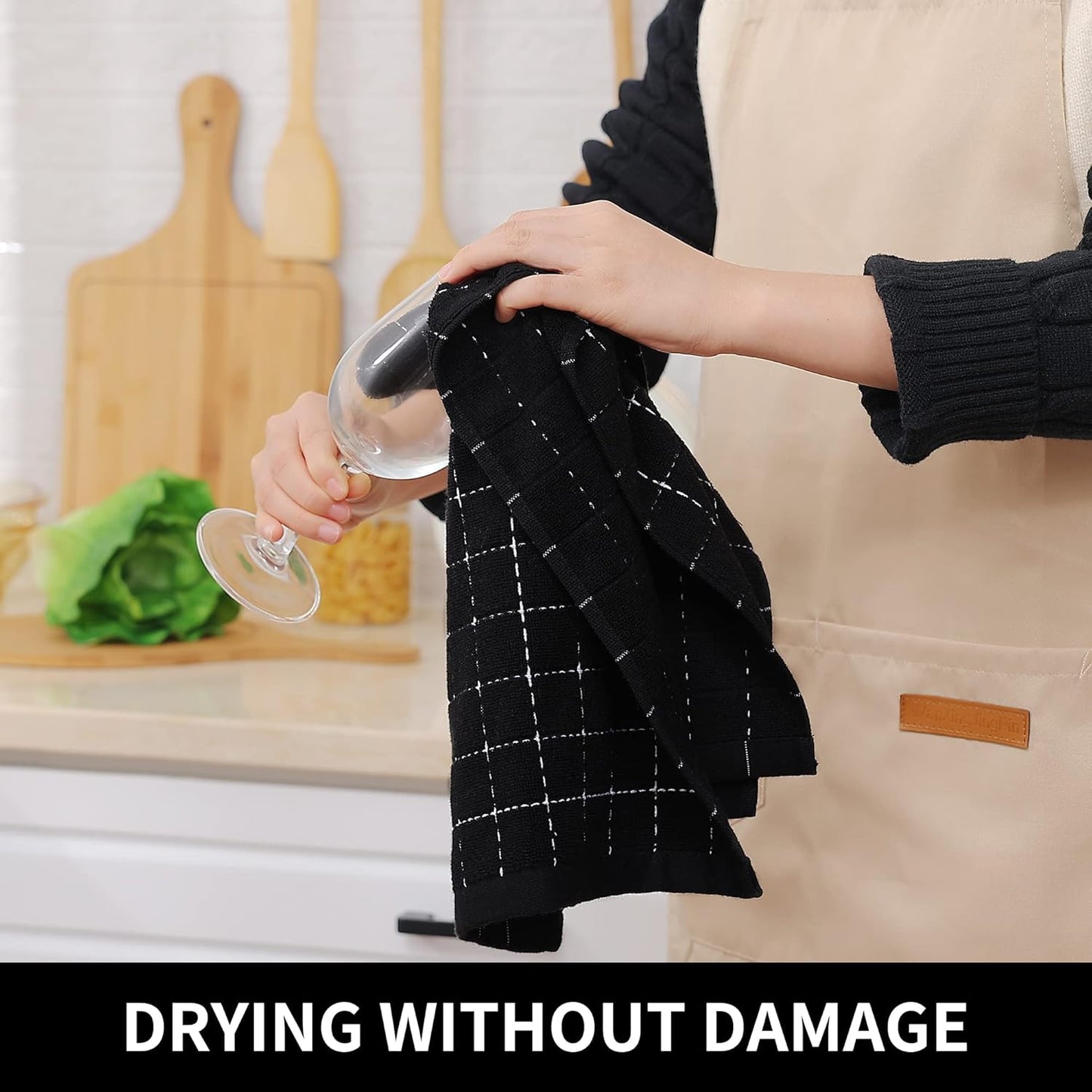 Homaxy 100% Cotton Terry Kitchen Towels(Black, 13 x 28 inches), Checkered Designed, Soft and Super Absorbent Dish Towels, 8 Pack