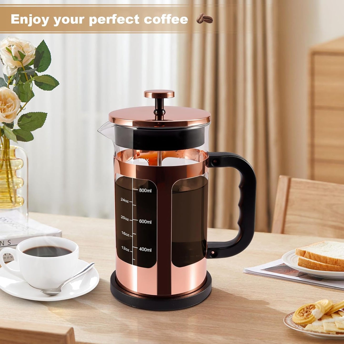 French Press Coffee Tea Maker， Upgrade Heat Cold Resistant Thickened Glass with 4 Level Stainless Steel Filtration System Brew Coffee & Tea， BPA Free, Large 1000ml 34oz,Rose Gold