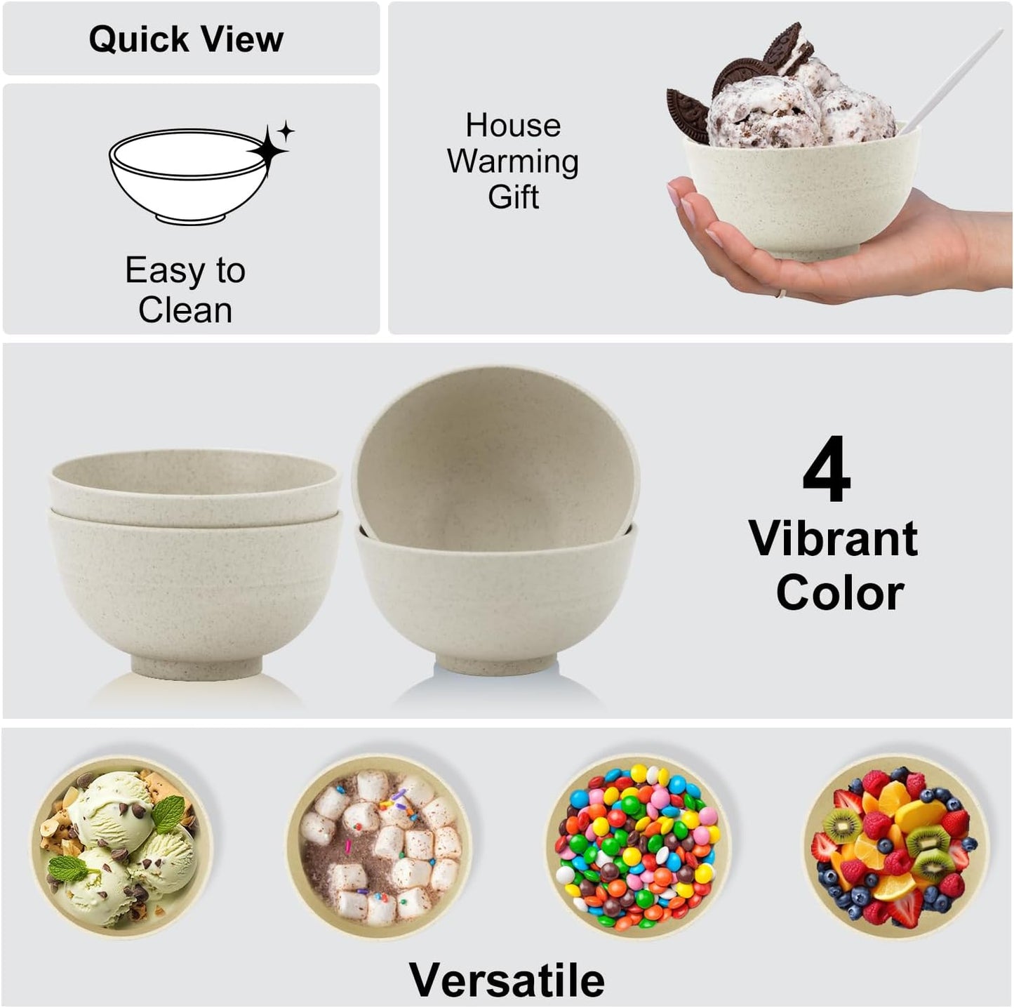 wheat straw dessert bowls 10oz set of 8 - Unbreakable snack Bowls for kids - Mini Bowls for Ice Cream,Snack and Fruits - Microwave & Dishwasher Safe Appetizer Bowl Sets - Beige
