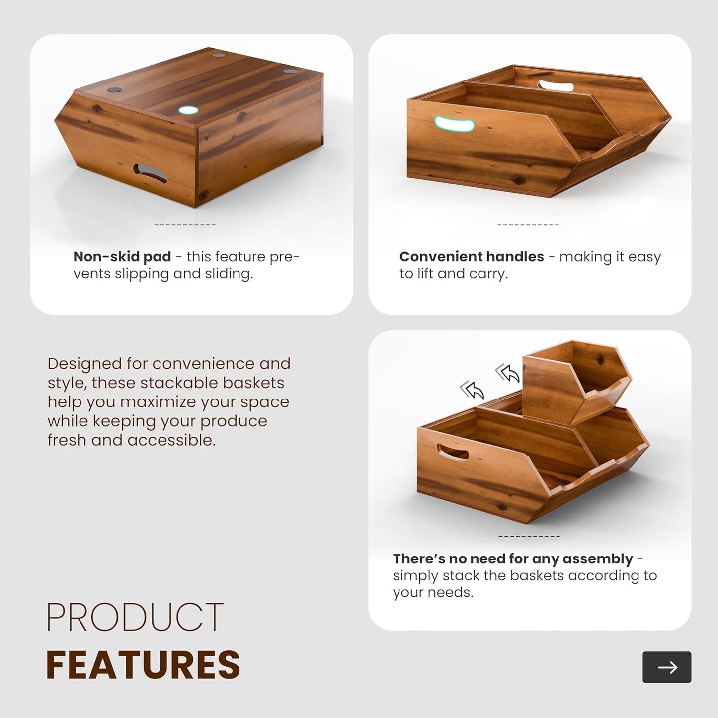 HOLANA Onion and Potato Storage Bins - Acacia Wood Pantry Baskets Organization and Storage - Wooden Stackable Baskets for Bread, Fruit, Vegetable - Onion Basket for Kitchen Counter (Patent Pending)