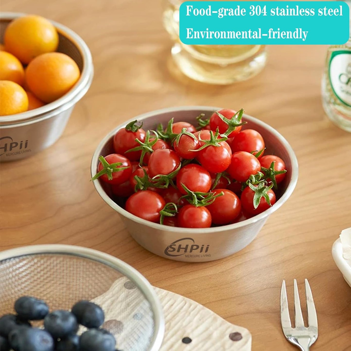 2 Piece Mini 304 Stainless Steel Colander with Mixing Bowl, Kitchen Cooking, Washing Fruits and Vegetables, Back of House Preparation (600ML)