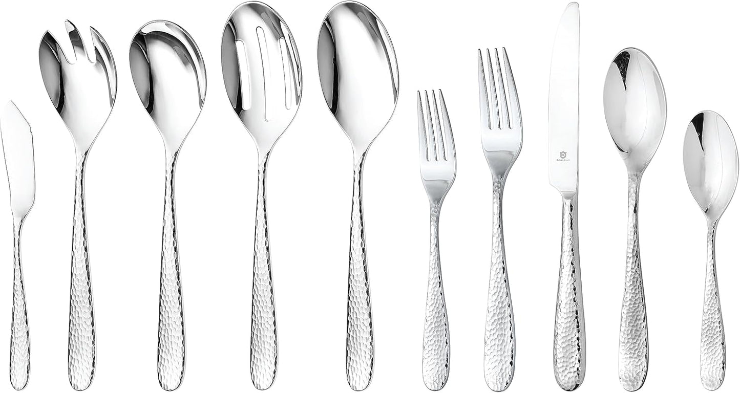 Hammered Silverware Set with Serving Utensils, 18/10 Stainless Steel Flatware for 8, Dishwasher Safe, Mirror Finish, Heavy-Duty, Built to Last (45-Piece Including a Serving Set, Fidenza Hammered)