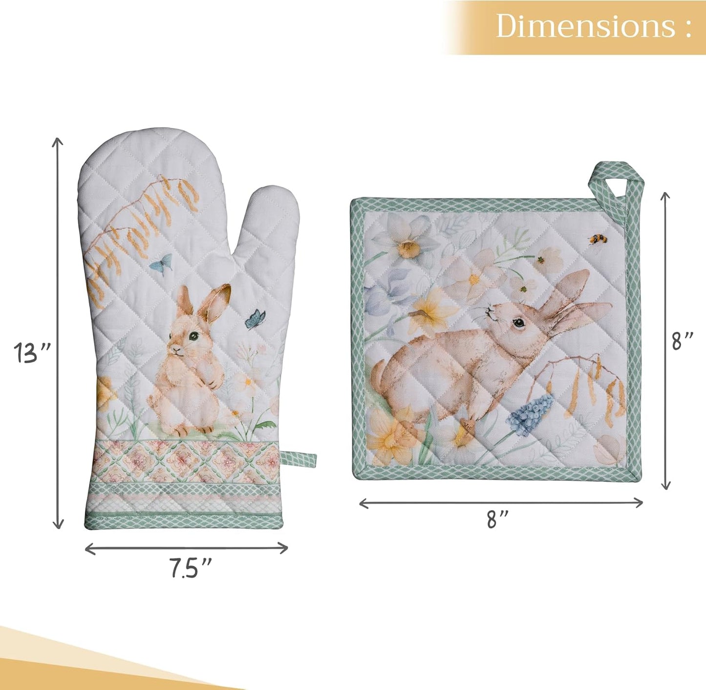 Maison d' Hermine 100% Cotton Oven Mitt & Pot Holder Set (7.5"x13" & 8"x8") Heat Resistant BBQ Cooking Gloves with Loop, Baking, Grilling, Kitchen, Handling Hot Pans Spring/Summer (Easter Dew)