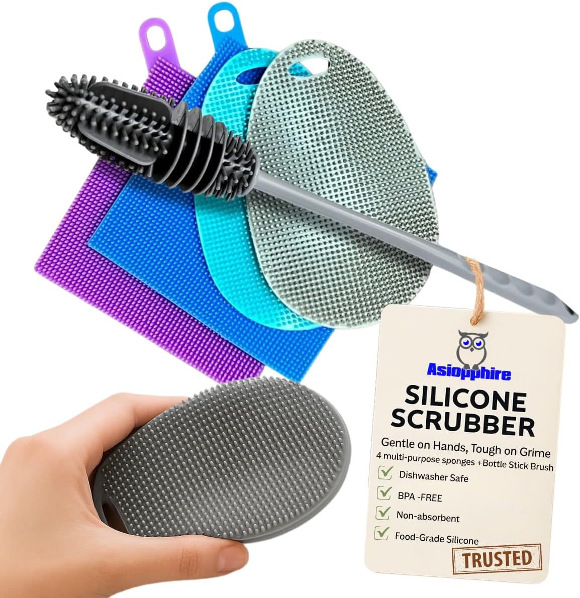 Silicone Dish Scrubber Sponges (5-Pack) - Dual-Sided Silicone Scrubbers and 1 Bottle Stick Brush - Food Grade Kitchen Scrubbers for Dishes - BPA-Free Sponges