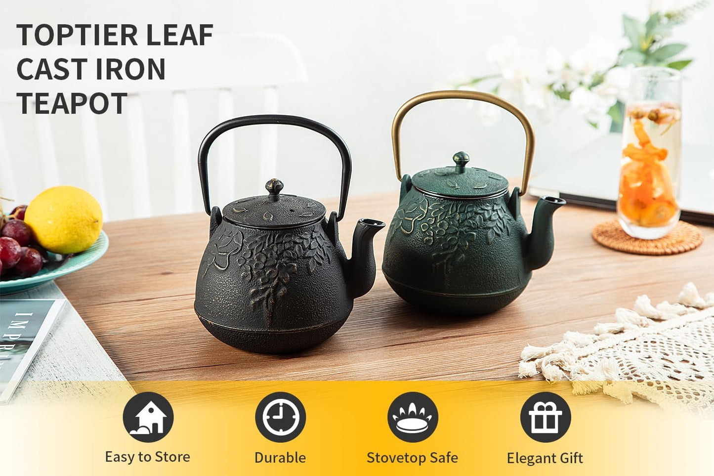 Tea Kettle, Toptier Japanese Cast Iron Tea Kettle for Stove Top, Stovetop Safe Cast Iron Teapot with Infusers for Loose Tea, 40 Ounce (1200 ml), Black