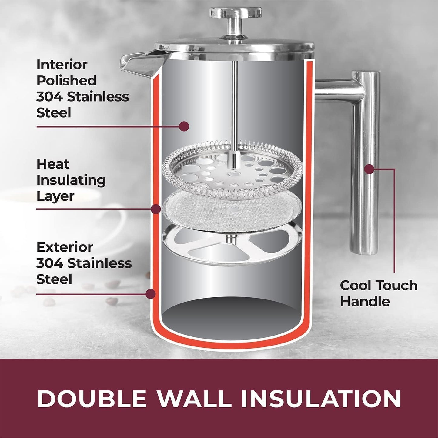 MuellerLiving French Press Coffee Maker 20oz, Stainless Steel French Press Coffee, 4 Filter Heat Resistant Double Insulated, Rust-Free, Food Grade, Dishwasher Safe Coffee Pot