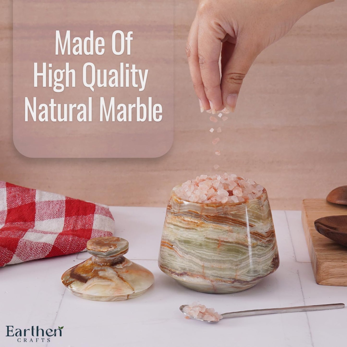 Marble Salt Cellar With Lid & Spoon Green Onyx 4" Salt Box, Stone Salt Container & Spice Jars, Stone Salt Holder for Counter, Spice Jar & Salt Jar