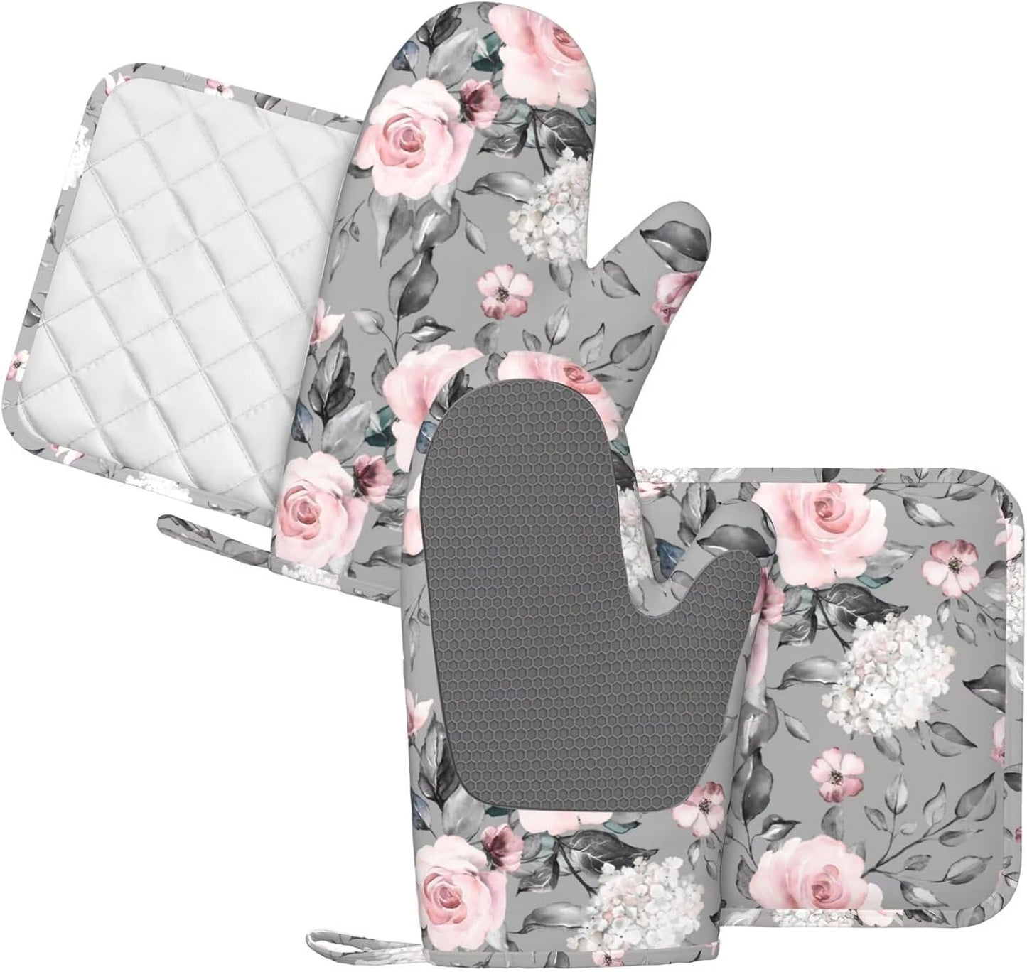 Roses Oven Mitts Pot Holders Set Silicone Heat Resistant Gray Flower Pink Rose Oven Mitts and Hot Pads Rose Potholders Non-Slip Oven Gloves for Cooking Baking Grilling BBQ