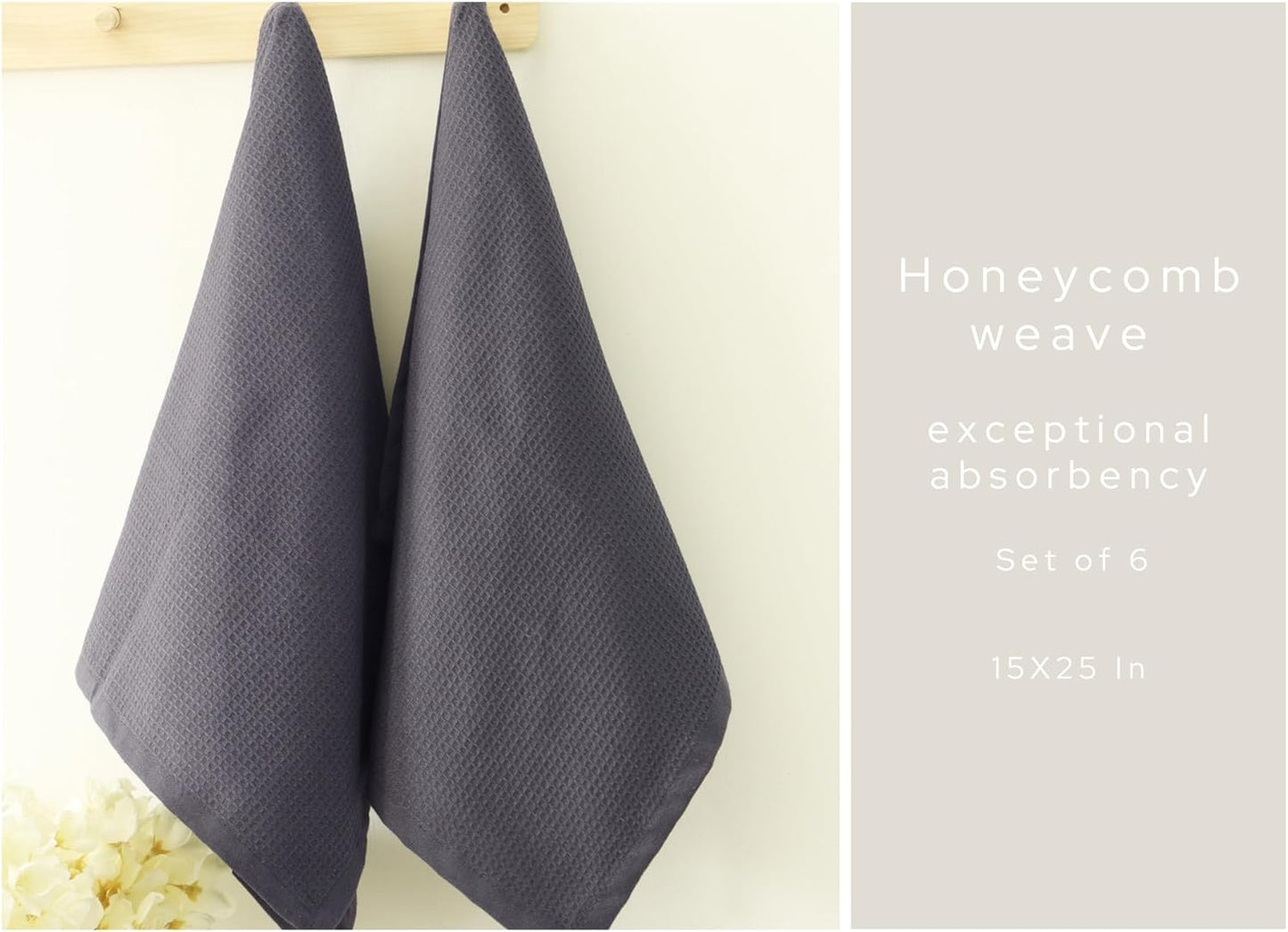 PurpleEssences Waffle Weave Kitchen Towel, 100% Cotton - 15 x 25 Inches, with Hanging Loop Ultra Soft Absorbent Quick Drying Dish Cloth, Tea and Hand Towels, 6 Pack - Spring Summer - Dark Grey
