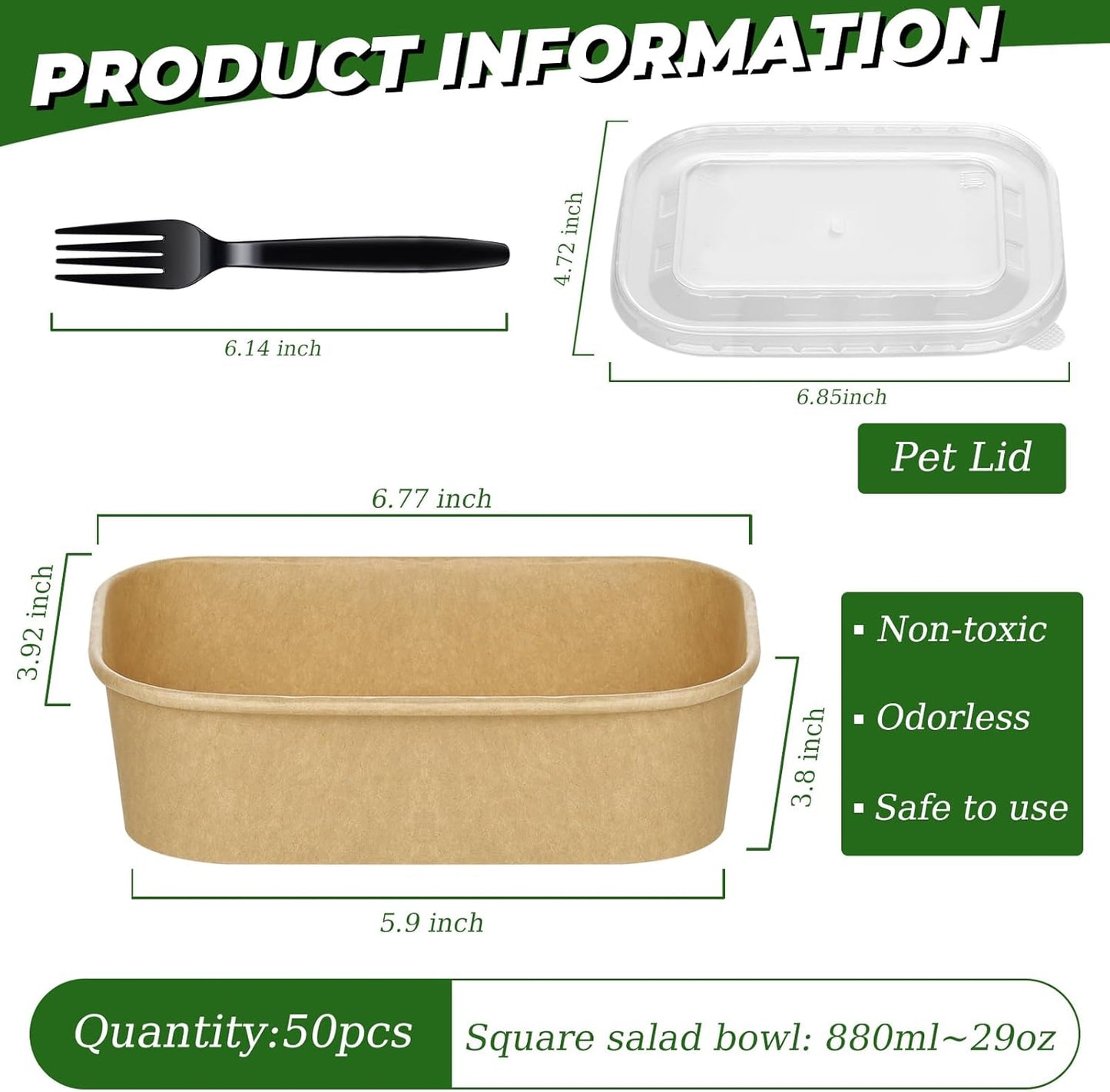 DI QIU REN 50-Pack 29oz Disposable Kraft Paper Bowls【with Lids and Forks】, Meal Prep Containers Disposable Large Paper Bowls Leakproof Take Out To Go Food Containers, Microwave Safe for Hot/Cold Food